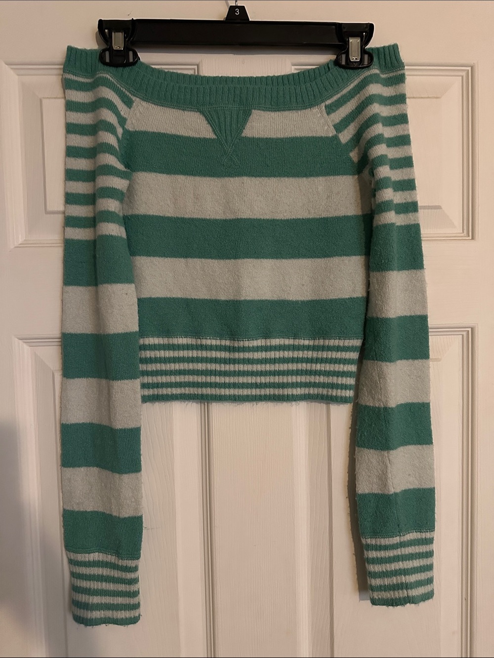 Hollister Vintage Striped Turquoise and Mint Cropped Off the Shoulder Sweater
